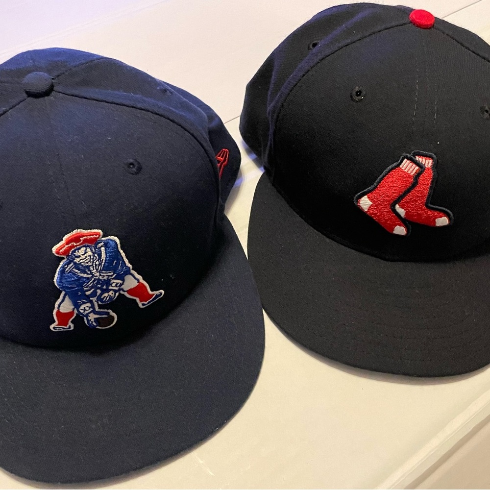 New England Patriots and Boston Red Sox hats